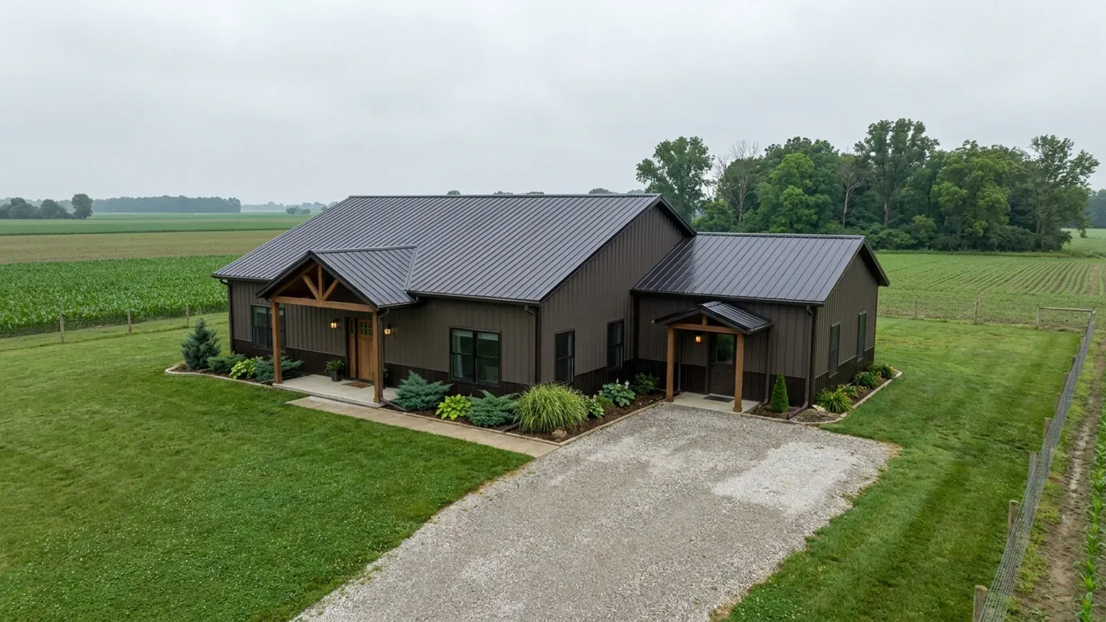 A barndominium with a smaller attached in-law suite wing that has its own separate covered entry, distinct from the main entry.