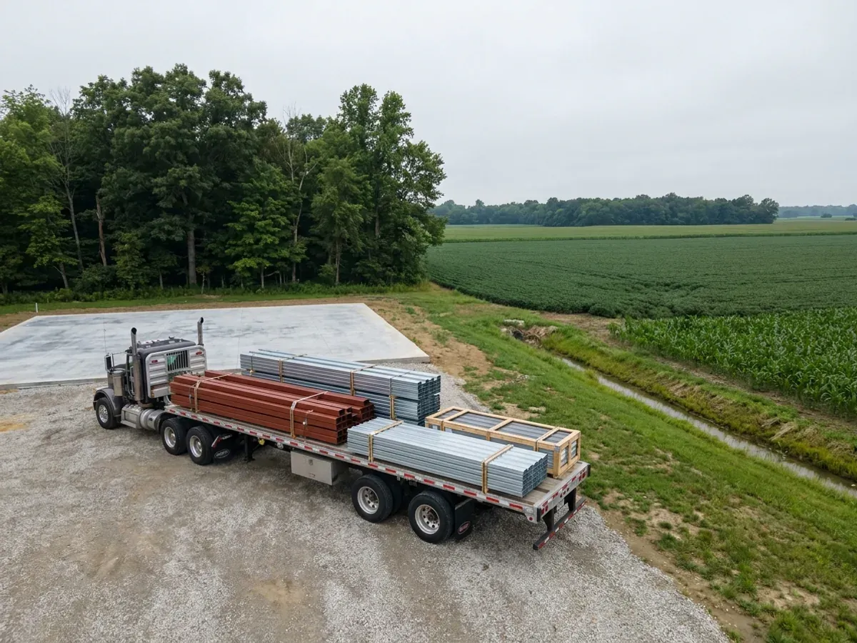 A flatbed truck delivering banded steel frame members and stacked metal roof panels to a building site beside a finished concrete slab.
