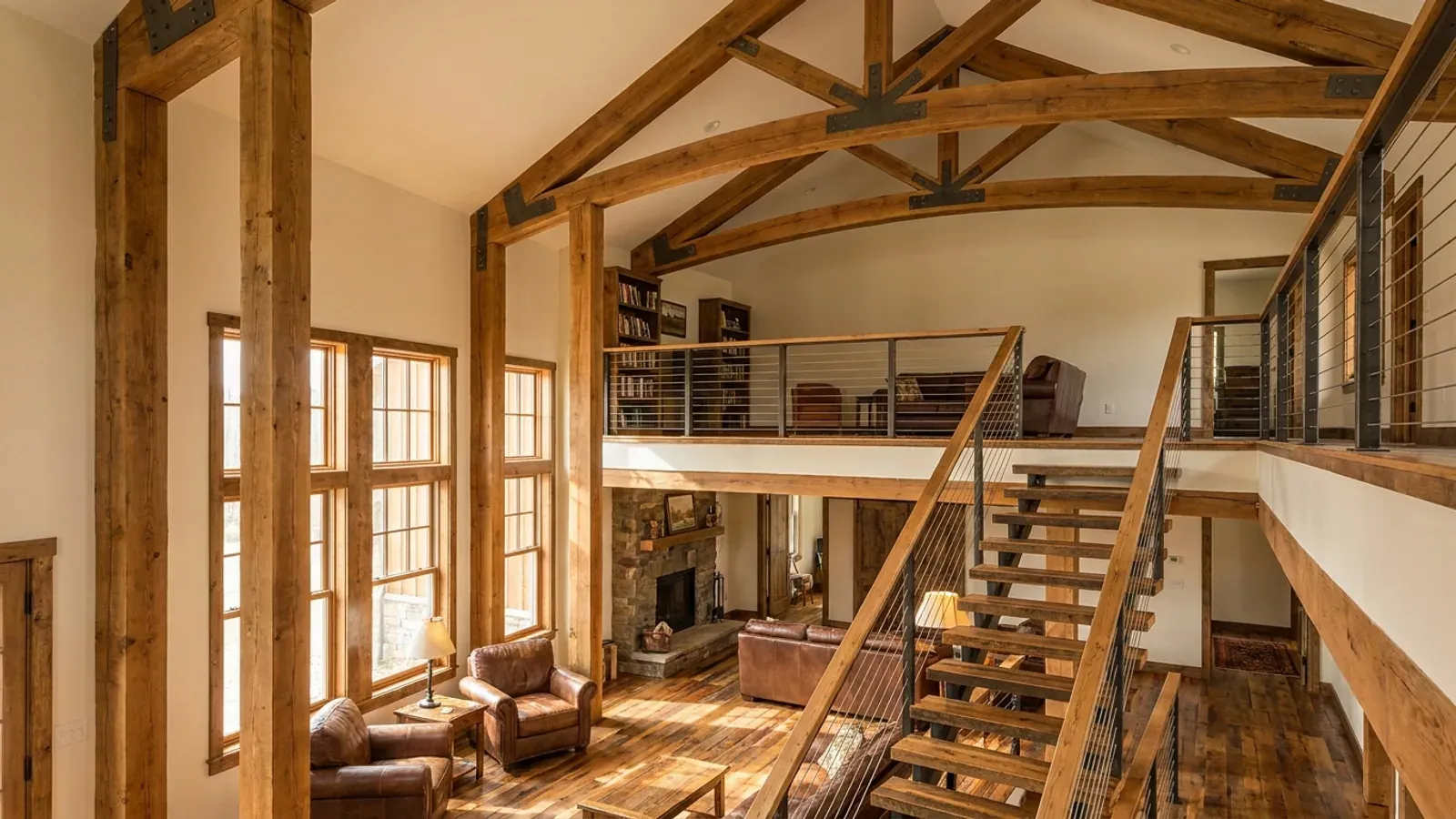 A barndominium great room with an open loft level and railing built over part of the room, reached by an open staircase.