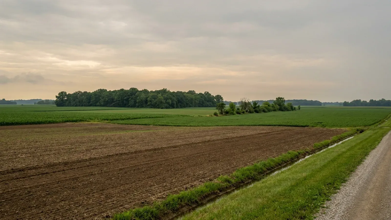 Flat central Ohio till plain farmland with corn and soybean fields, a grassed drainage ditch and a hardwood woodlot on the horizon.