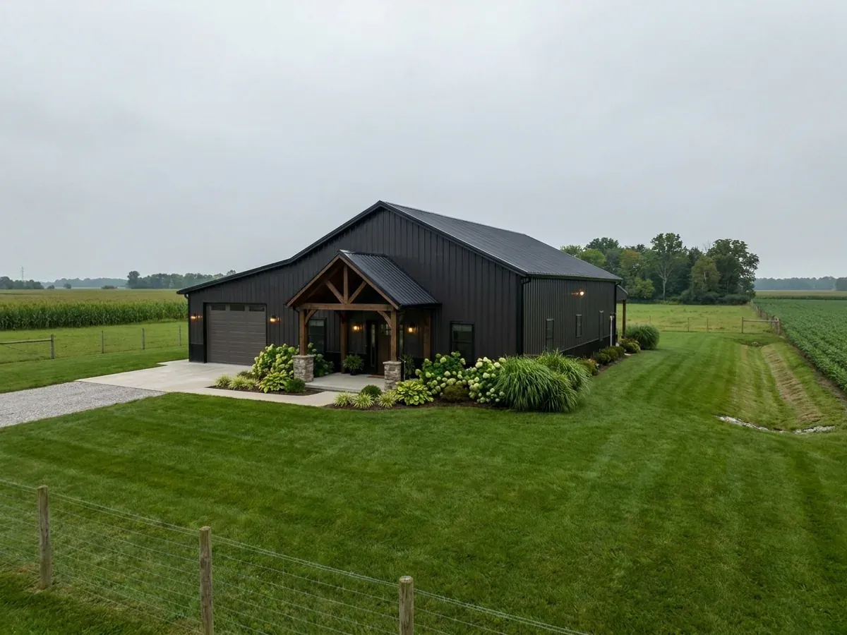 A completed barndominium home viewed from the front corner, with finished landscaping, a covered entry porch and an attached shop bay.
