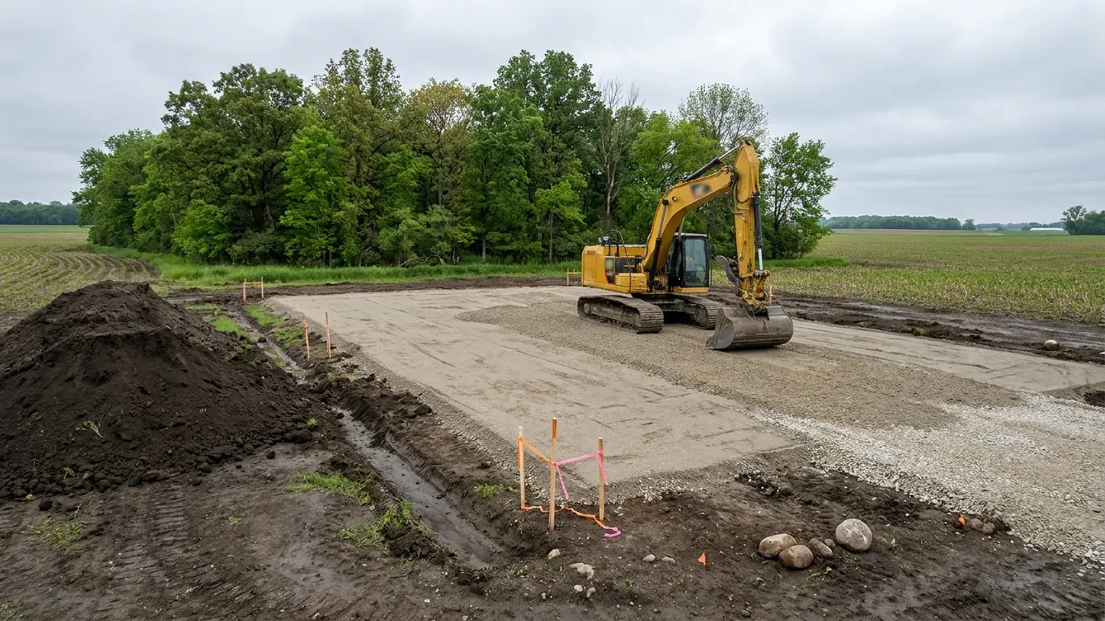 An excavator grading a compacted building pad on a cleared lot, with survey stakes and a drainage swale visible.