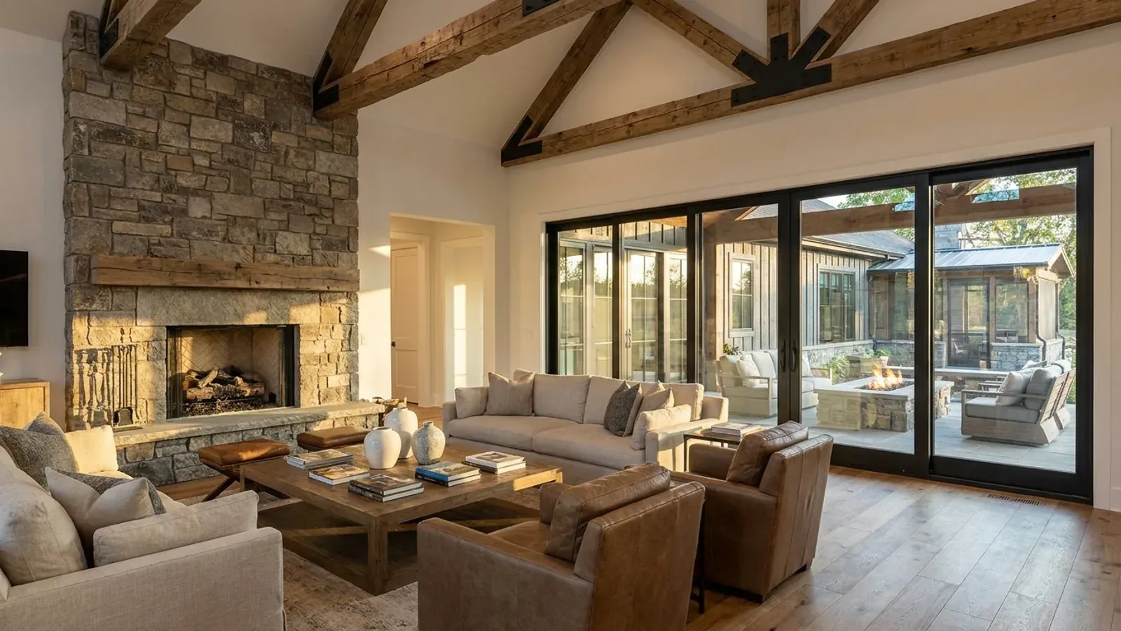 A vaulted barndominium great room with exposed wood trusses, a wall of glazed sliding doors, and a stone-clad fireplace.