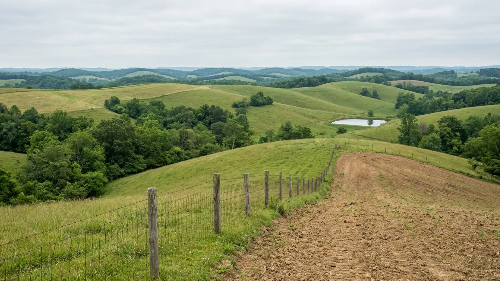 Rolling east-central Ohio hills with grassy pasture on the ridges, oak-hickory woodland in the valleys and a farm pond.