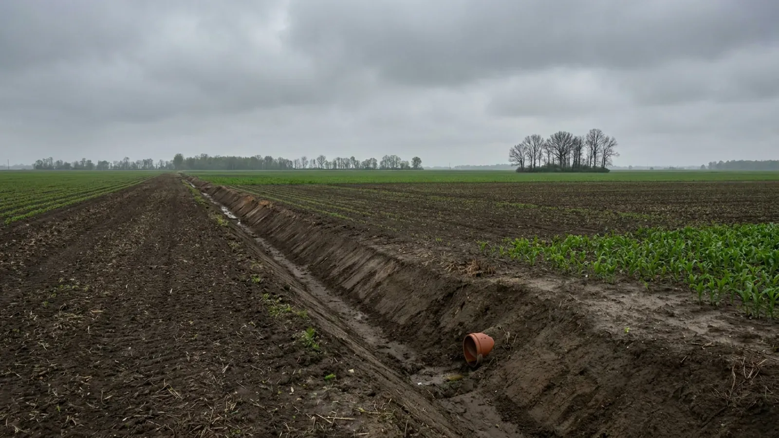 Dead-level north-west Ohio farmland on dark former swamp soil, with a deep straight drainage ditch and a distant thin line of trees.