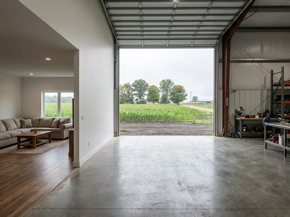 The interior of a shouse where a finished living area with warm flooring meets a shop bay with polished concrete and a tall roll-up door.