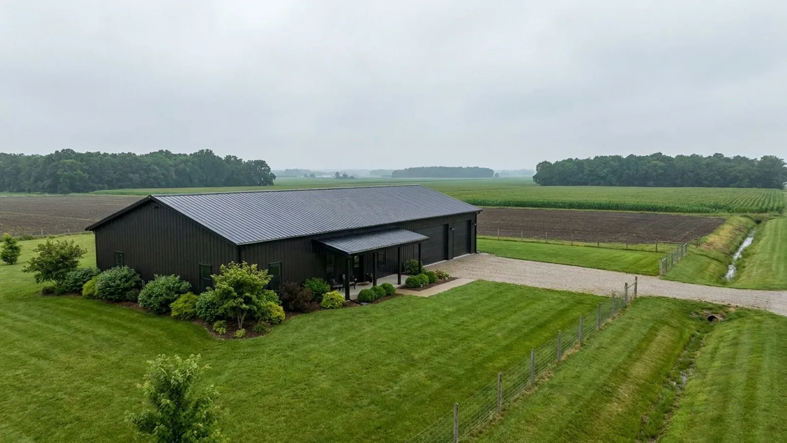 A completed single-story barndominium with a long, low roofline and no upper-level windows.